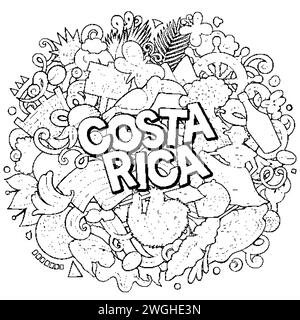 Divertente illustrazione vettoriale con tema Costa Rica. Design vivace e accattivante, che cattura l'essenza della cultura e della tradizione dell'America centrale Illustrazione Vettoriale