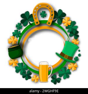 Illustrazione su banner a tema bella forma in carta tagliata per festeggiare le festività patricks Day, taglio decorativo di carta composto da molti elementi di design Illustrazione Vettoriale