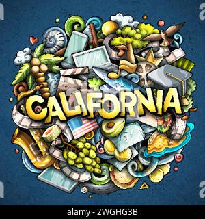 Illustrazione a fumetti disegnata a mano dalla California. Divertente design dello stato degli Stati Uniti. Sfondo vettoriale creativo. Testo scritto a mano con elementi e oggetti. Illustrazione Vettoriale