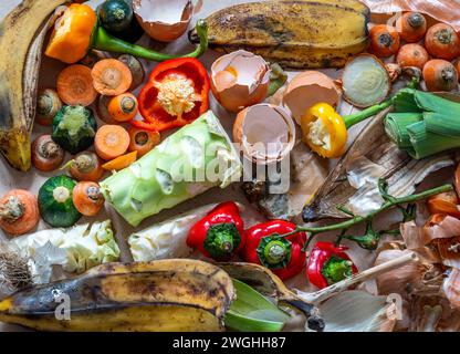 Pile di rifiuti organici e scarti di cucina per il compostaggio, stile di vita senza sprechi, vista in piano Foto Stock