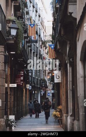 Stretta e tipica strada del quartiere gotico di Barcellona in Catalogna, Spagna, il 16 gennaio 2021 Foto Stock