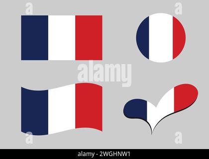 Bandiera della Francia. Bandiera della Francia a forma di cuore. Bandiera della Francia a forma di cerchio. Variazioni della bandiera del paese Illustrazione Vettoriale