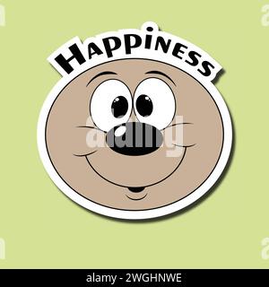 Adesivo Happy Face. Emoticon felice. Personaggio cartoni animati sorridente. Adesivo con l'iscrizione felicità Illustrazione Vettoriale