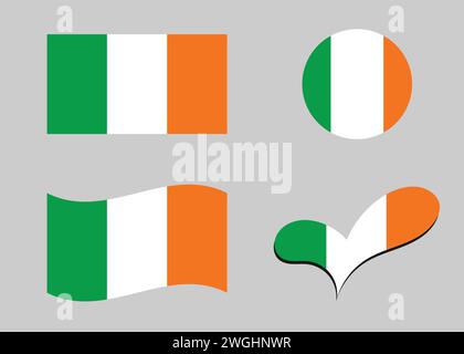 Bandiera dell'Irlanda. Bandiera dell'Irlanda a forma di cuore. Bandiera dell'Irlanda a forma di cerchio. Variazioni della bandiera del paese Illustrazione Vettoriale