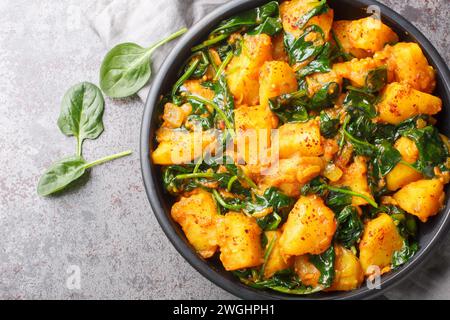 Aloo Saag al curry sud-asiatico con patate e spinaci e spezie in primo piano sulla ciotola sul tavolo. Vista dall'alto orizzontale Foto Stock