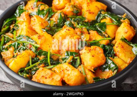 Saag gli spinaci e le patate in stile indiano Aloo al curry in una ciotola in primo piano sul tavolo. Orizzontale Foto Stock