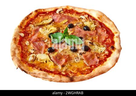 Piatto con Pizza Cappricciosa isolata su fondo bianco Foto Stock