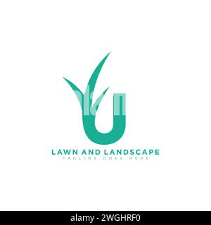 Logo orizzontale Letter U per prati o giardinaggio, vettore di design del logo aziendale. Lettera U iniziale con erba verde per prato paesaggistico ambiente giardino H Illustrazione Vettoriale