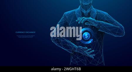 Uomo d'affari astratto che detiene un simbolo di cambio valuta Illustrazione Vettoriale