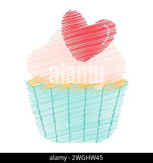 Cupcake di San Valentino con cuore. stile a doodle con disegno a linee isolato su sfondo bianco. Concetto d'amore. Retro. Perfetto per poster, cartoline, inviti, stampa di magliette o biglietti d'auguri di San Valentino. Illustrazione Vettoriale