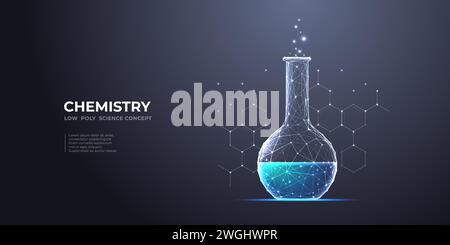Matraccio da laboratorio astratto con liquido blu e molecola chimica. Scienza Illustrazione Vettoriale