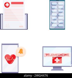 Le icone di telemedicina impostano il vettore dei cartoni animati. Trattamento medico virtuale. Tele medicina e assistenza sanitaria Illustrazione Vettoriale
