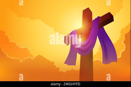 Serie di illustrazioni bibliche vettoriali, croce di legno con fascia viola su sfondo nuvoloso, per venerdì Santo, risurrezione, pasqua, tema del cristianesimo Illustrazione Vettoriale
