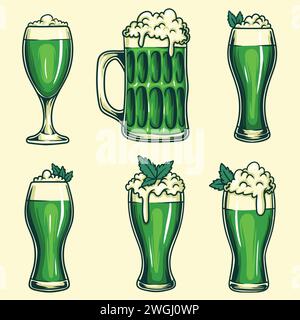Illustrazione vettoriale di raccolta del set di birra verde in vetro per la vostra azienda o marchio Illustrazione Vettoriale