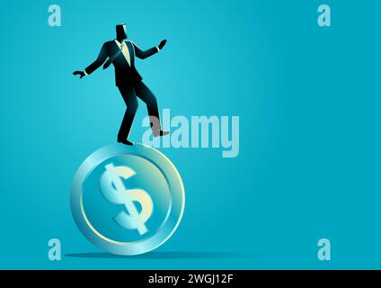 Illustrazione del concetto di business di un uomo d'affari che si bilancia su una moneta da un dollaro, illustrazione vettoriale Illustrazione Vettoriale