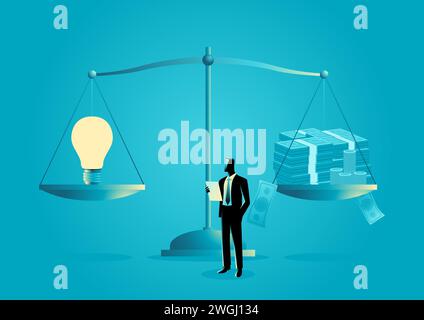 Illustrazione del concetto aziendale di denaro e lampadina su scala, equilibrio tra idee e denaro, illustrazione vettoriale Illustrazione Vettoriale