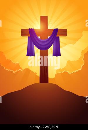 Serie di illustrazioni bibliche vettoriali, croce di legno con fascia viola su sfondo nuvoloso, per venerdì Santo, risurrezione, pasqua, tema del cristianesimo Illustrazione Vettoriale