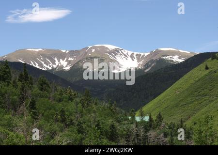 Le cime innevate si innalzano maestosamente dietro una foresta lussureggiante e un paesaggio montano Foto Stock
