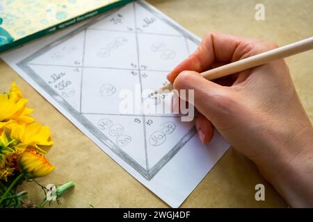 La mano di una donna riempie un grafico astrologico dell'astrologia Jyotish dell'antica India Foto Stock