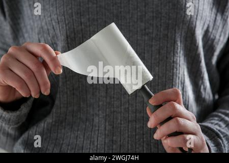 Rullo per rimuovere i capelli. Donna che utilizza un detergente riutilizzabile per la rimozione di pelucchi. Foto Stock