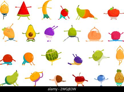 Le icone di Fruit yoga impostano il vettore dei cartoni animati. Personaggi divertenti meditano. Esercizi di fitness Illustrazione Vettoriale