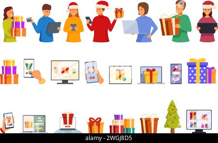 Ordinare i regali di Natale online icone impostare il vettore dei cartoni animati. Shopping a casa. Casella presente Illustrazione Vettoriale
