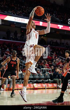 USC Trojans guardia Kobe Johnson (0) tenta un layup durante una partita di basket maschile NCAA contro gli Oregon State Beavers, sabato 3 febbraio 2024, Foto Stock