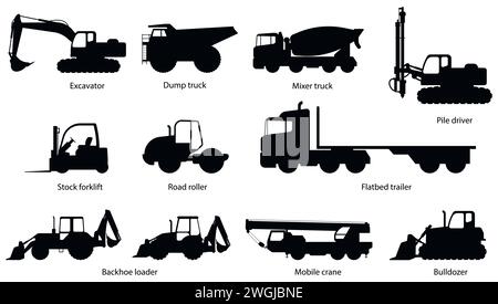 Set di macchine per l'edilizia. Macchinari pesanti per escavatore, scarico, autocarro, betoniera, autocarro, pali, conducente, magazzino, carrello elevatore, strada, rullo, pianale, rimorchio, Illustrazione Vettoriale