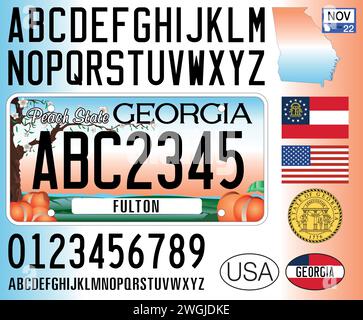 Modello della targa dell'automobile statale statunitense della Georgia, lettere, numeri e simboli, illustrazione vettoriale, Stati Uniti Illustrazione Vettoriale
