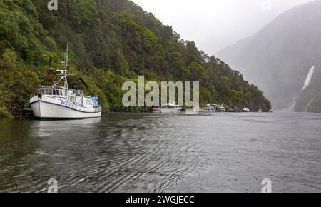 La nave di ricerca scientifica dell'Università di Otago il Polaris II e altre navi ormeggiate a Doubtful Sound / Patea, Fiordland / te Rua-o-te-Moko, New Foto Stock