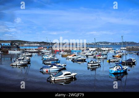 La maestosa vista delle barche ormeggiate nella sicurezza del porto di Paignton, Torbay, South Devon, Southwest England. Foto Stock