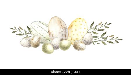 Acquerello composizione pasquale con erbe verdi, uova chiare e gialle di diverse dimensioni. Illustrazione della festa di Pasqua disegnata a mano. Schizzo su isolato Foto Stock