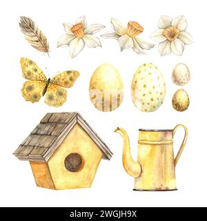 Acquerello con tema pasquale in tonalità gialle: daffodil, piuma, uova, fiocco, farfalla, caraffa. Illustrazioni disegnate a mano su sfondo isolato per Foto Stock