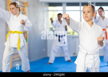 Ragazzo con la sua famiglia in kimono e cinture colorate che pratica karate con pugni durante la lezione di arti marziali di gruppo in palestra, accompagnato da un allenatore Foto Stock