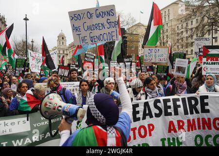 Centinaia di migliaia hanno marciato sulla marcia nazionale per la Palestina a Londra chiedendo un cessate il fuoco permanente a Gaza e la fine dell'assedio di Gaza. Foto Stock