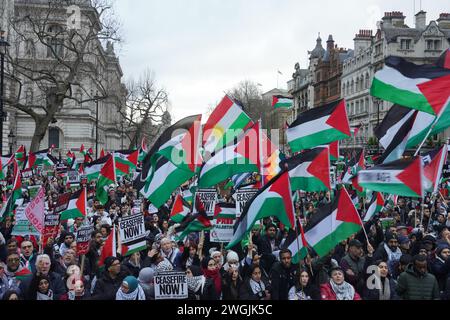 Centinaia di migliaia di pro-palestinesi si radunano a Whitehall dopo aver marciato attraverso Londra chiedendo un cessate il fuoco a Gaza. Foto Stock