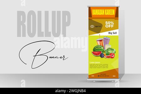 Design di banner Roll Up Happy Ramadan. Striscione speciale Ramadan per il food design. Ramadan Kareem Food Menu - modello pieghevole per la vendita. Illustrazione Vettoriale