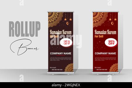 Design di banner Roll Up Happy Ramadan. Striscione speciale Ramadan per il food design. Ramadan Kareem Food Menu - modello pieghevole per la vendita. Illustrazione Vettoriale