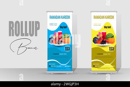 Design di banner Roll Up Happy Ramadan. Striscione speciale Ramadan per il food design. Ramadan Kareem Food Menu - modello pieghevole per la vendita. Illustrazione Vettoriale