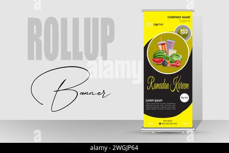 Design di banner Roll Up Happy Ramadan. Striscione speciale Ramadan per il food design. Ramadan Kareem Food Menu - modello pieghevole per la vendita. Illustrazione Vettoriale