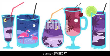 Cocktail estivi serviti con spiaggia tropicale durante la bella notte Illustrazione Vettoriale