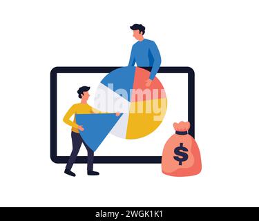 Regime di pagamento per la ripartizione degli utili o delle entrate. quota di pagamento con altro dipendente nel grafico a torta percentuale, nella formula o nella distribuzione per calcolare i salari Illustrazione Vettoriale