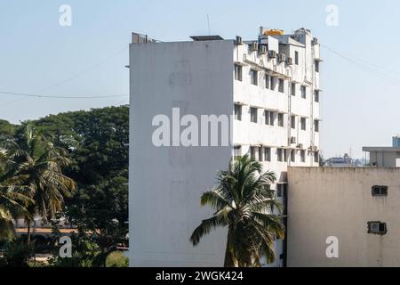 Un alto edificio bianco sorge adiacente ad una vibrante foresta verde nella pittoresca Hassan, Karnataka. Foto Stock