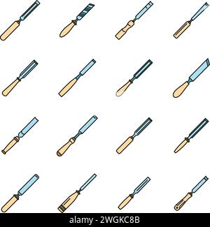 Set icone scalpello carpenter. Contorno delle icone vettoriali dello scalpello per carpentiere linee sottili di colore piatto su bianco Illustrazione Vettoriale