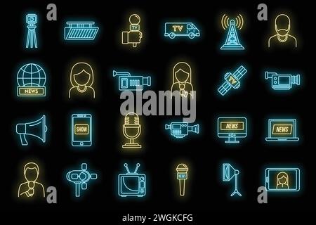 Set di icone per interviste al presentatore TV. Contorno delle icone vettoriali dell'intervista del presentatore TV colore neon su nero Illustrazione Vettoriale