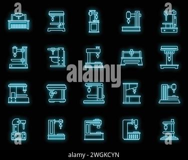 Set di icone del dispositivo della fresatrice. Contorno delle icone vettoriali del dispositivo fresatrice colore neon su nero Illustrazione Vettoriale