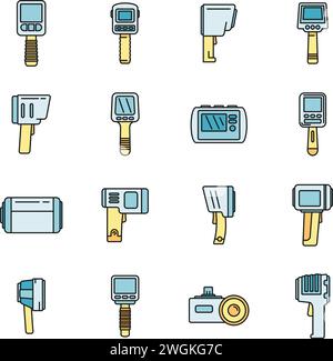 Set di icone dei dispositivi della termocamera. Contorno delle icone vettoriali del dispositivo della termocamera con linee sottili e colore piatto su bianco Illustrazione Vettoriale