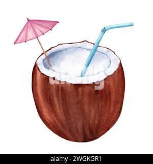 Cocktail tropicale di cocco. Illustrazione ad acquerello disegnata a mano isolata su sfondo bianco Foto Stock