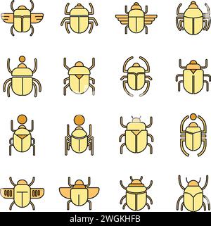 Set di icone di scarabeo egiziano. Contorno delle icone vettoriali dello scarabeo egiziano con linee sottili di colore piatto su bianco Illustrazione Vettoriale