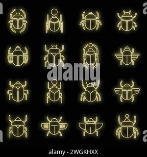 Set di icone di scarabeo egiziano. Contorno delle icone vettoriali dello scarabeo egiziano colore neon su nero Illustrazione Vettoriale